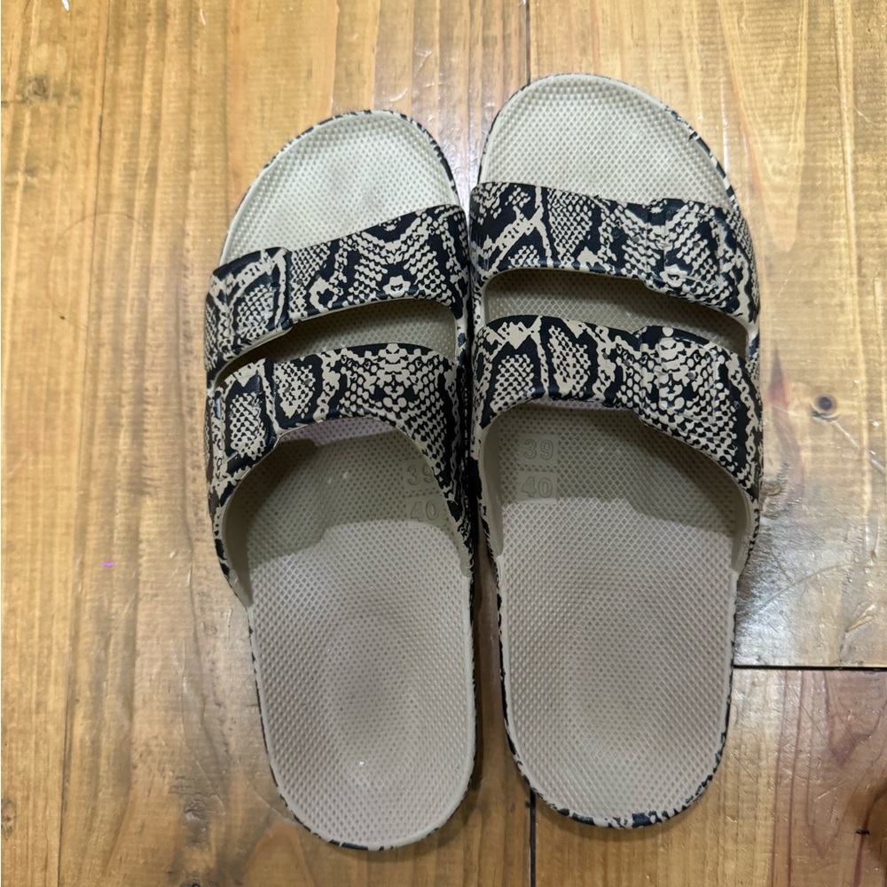 Women’s Snake-Print Beige Slide Sandals